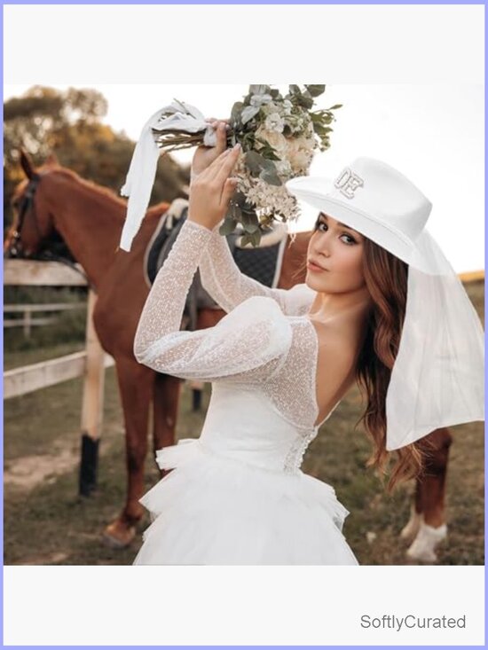 White Cowboy Hat with Veil for Bachelorette Party Wedding Bridal Shower